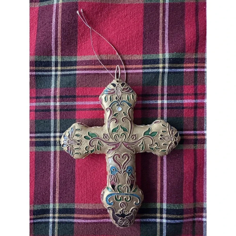 Vtg CLOISONNÉ ENAMEL CROSS Intricate Floral Design With Birds Ornament 5-1/4”